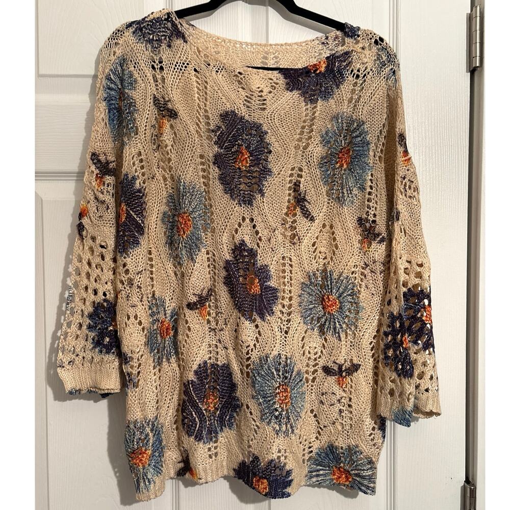Plus Curvy XL Knit Tan Tunic Crochet Sweater Blue Flowers Dragonflies